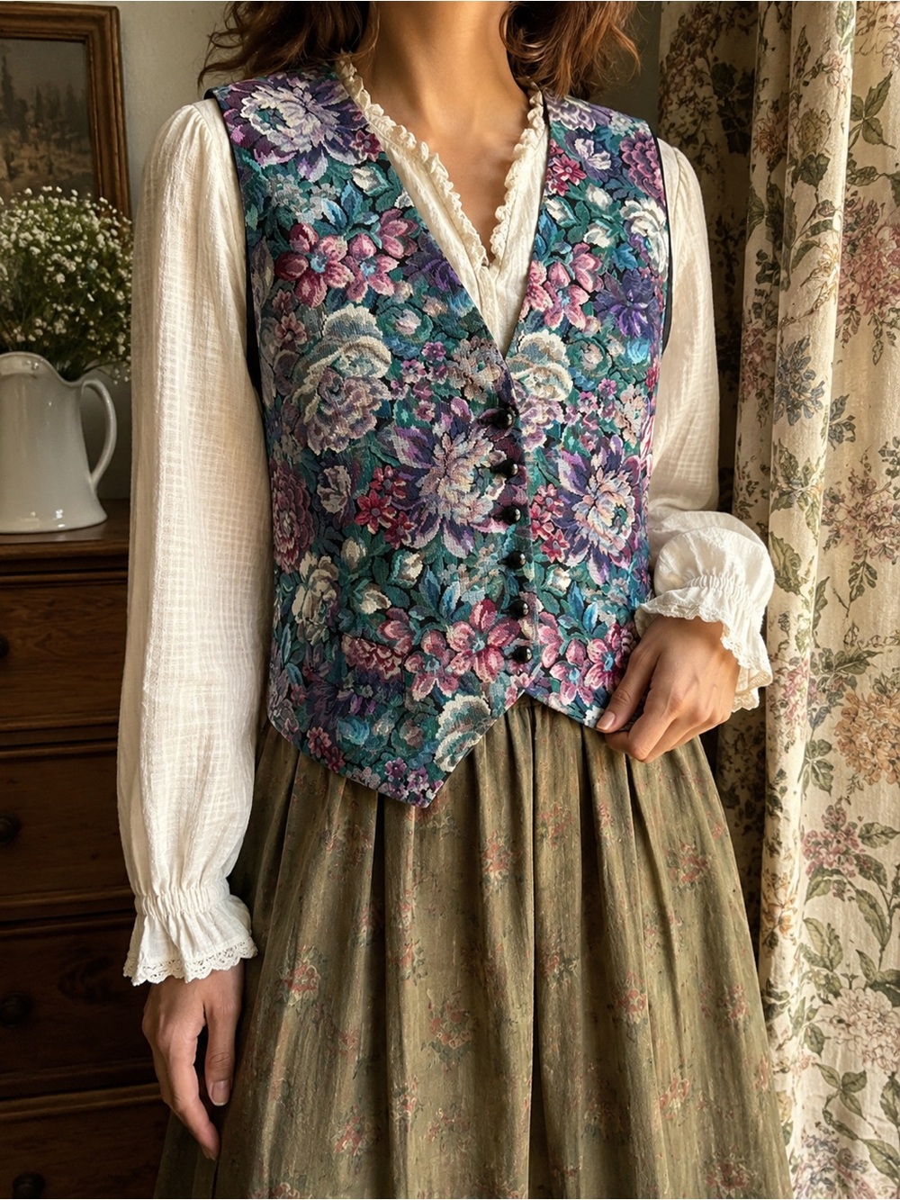 Vintage Floral Tapestry Vest Cottagecore Boho Button Front